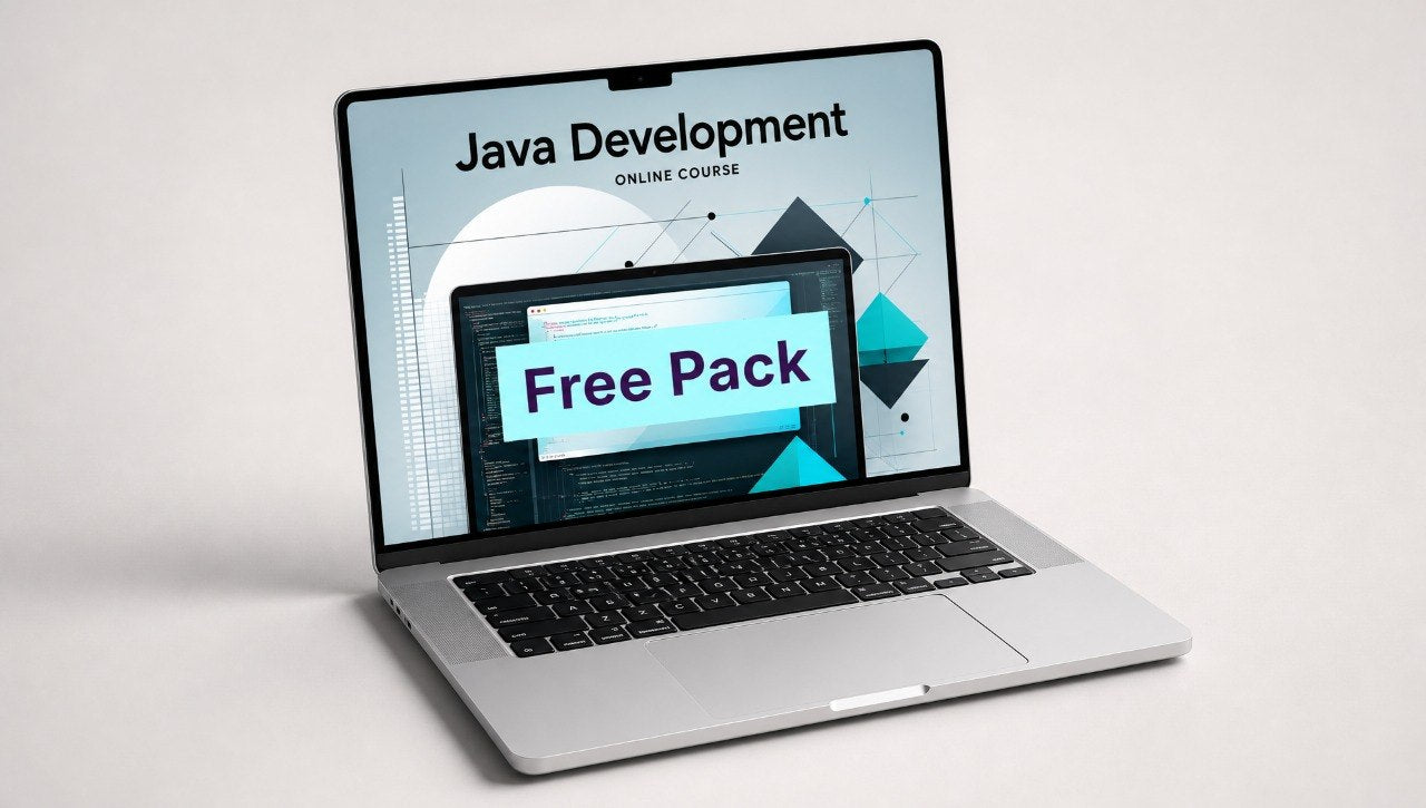 Laptop displaying a Java development online course free pack on a light gray background