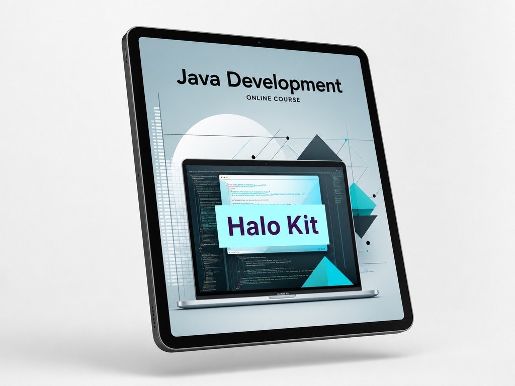 Tablet displaying a Java development online course with 'Halo Kit' on a light gray background