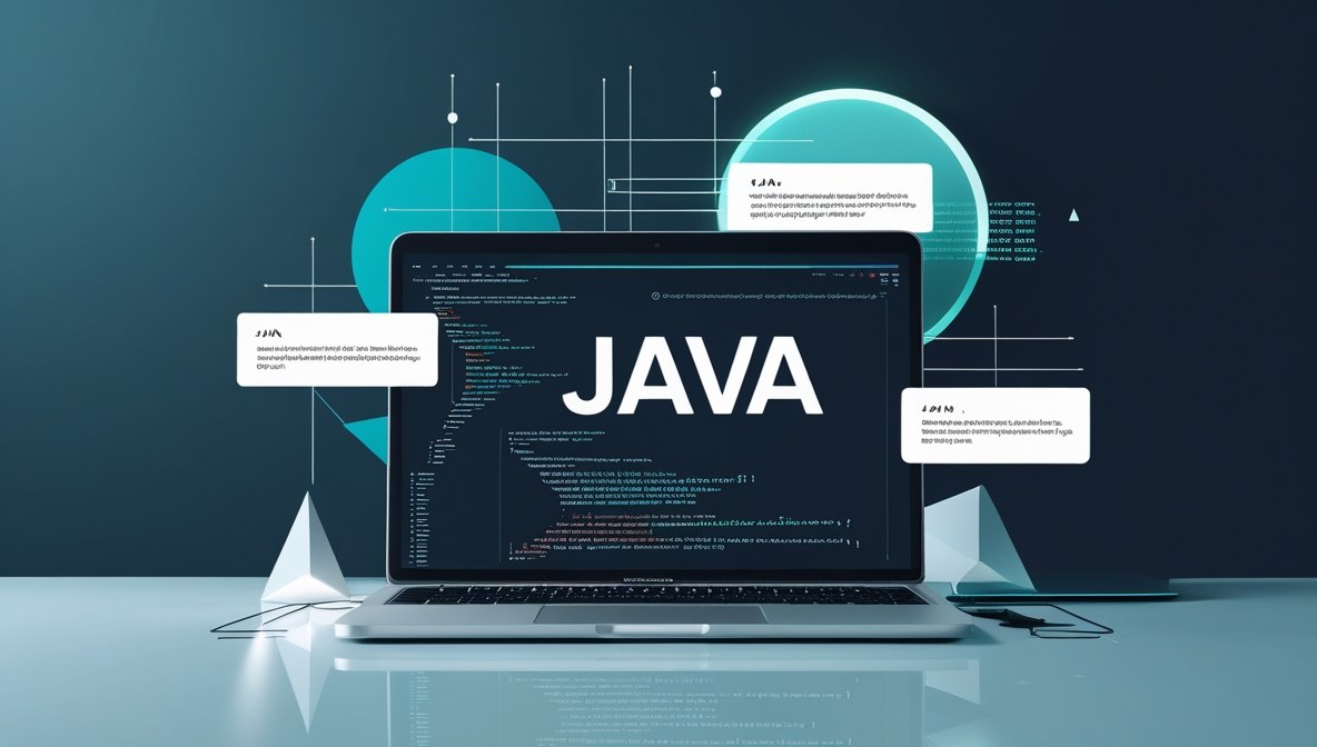 Laptop displaying 'JAVA' on a dark background with abstract elements