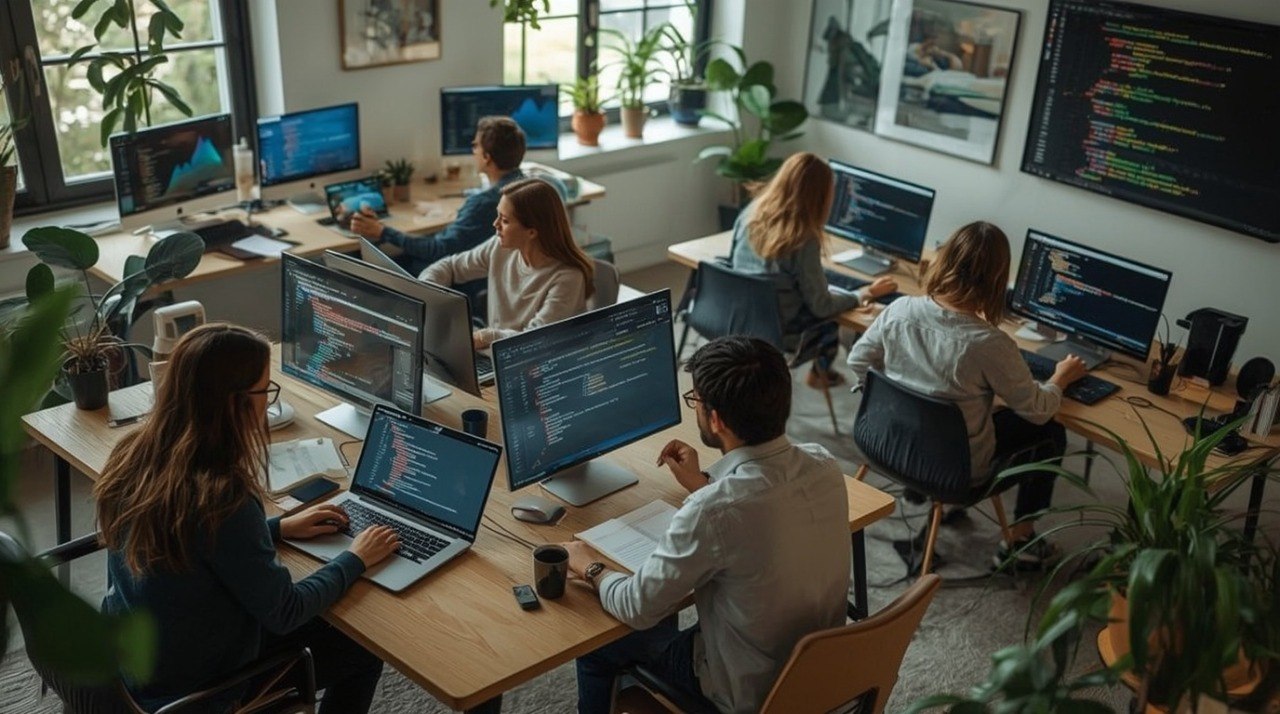 People working on computers in a modern office setting with large windows and plants.