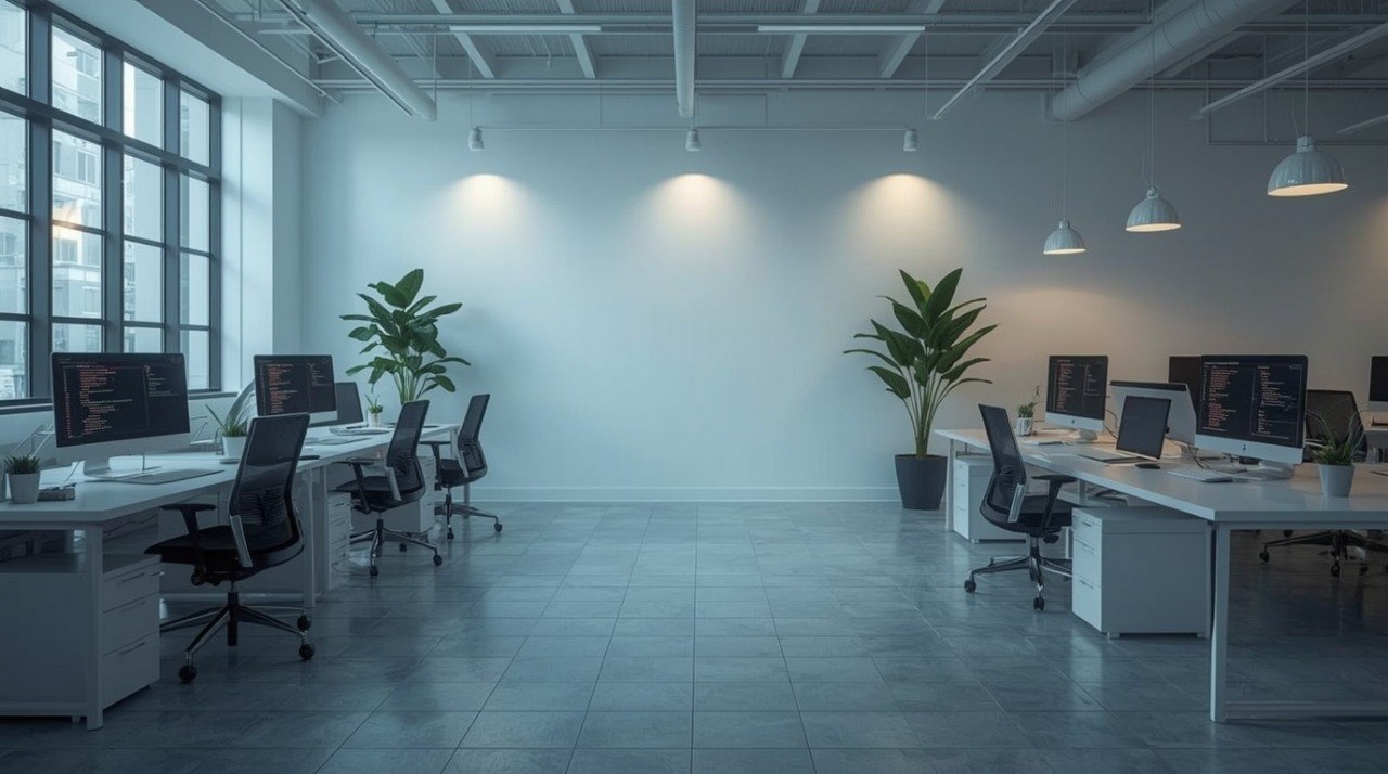 Modern office space with desks, chairs, and computer monitors.