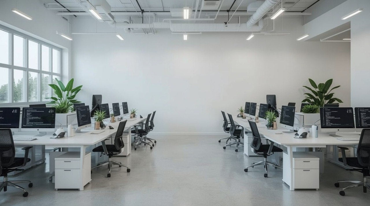 Modern office space with desks, chairs, and computer monitors.