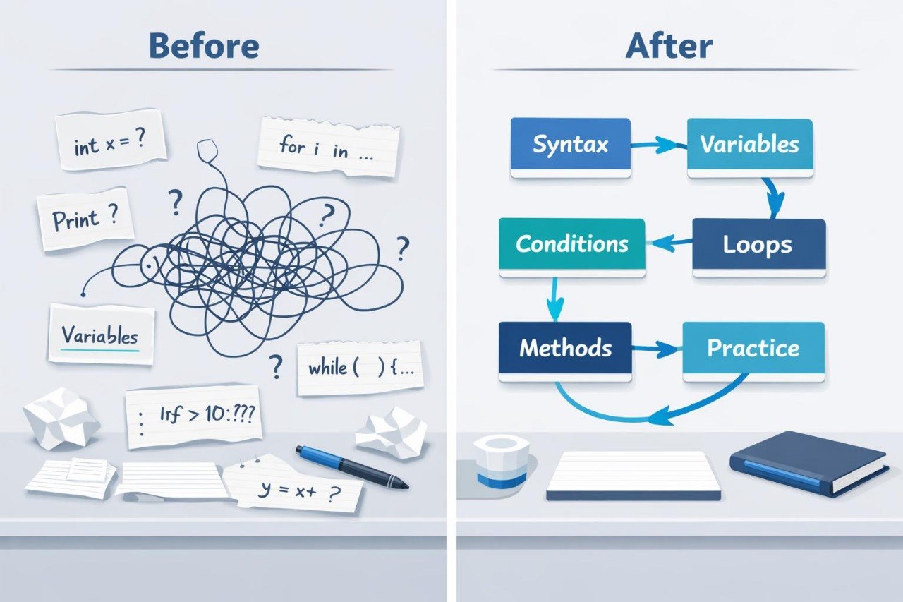 Comparison of a tangled diagram labeled 'Before' and a structured diagram labeled 'After' with programming concepts.