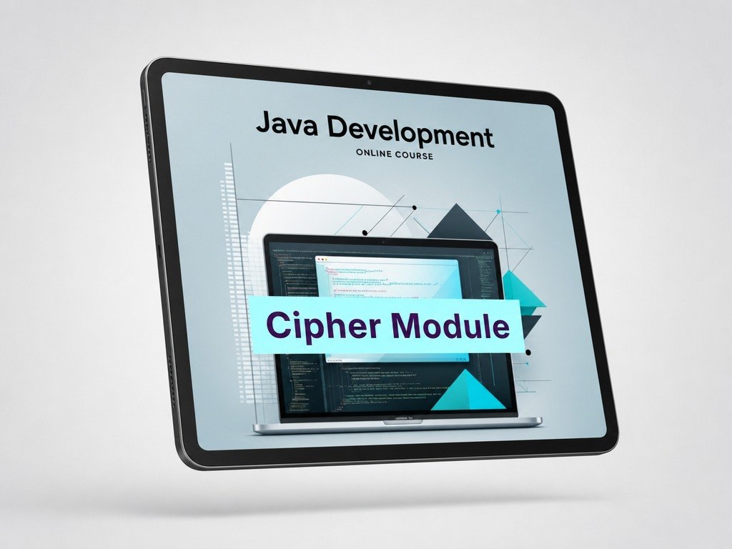 Tablet displaying a Java development online course with a cipher module on a light gray background