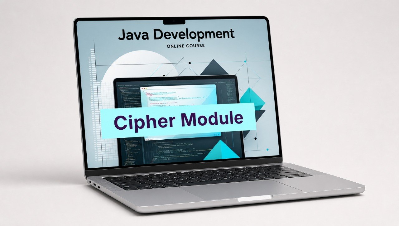 Laptop displaying a Java development online course with a cipher module on a light gray background
