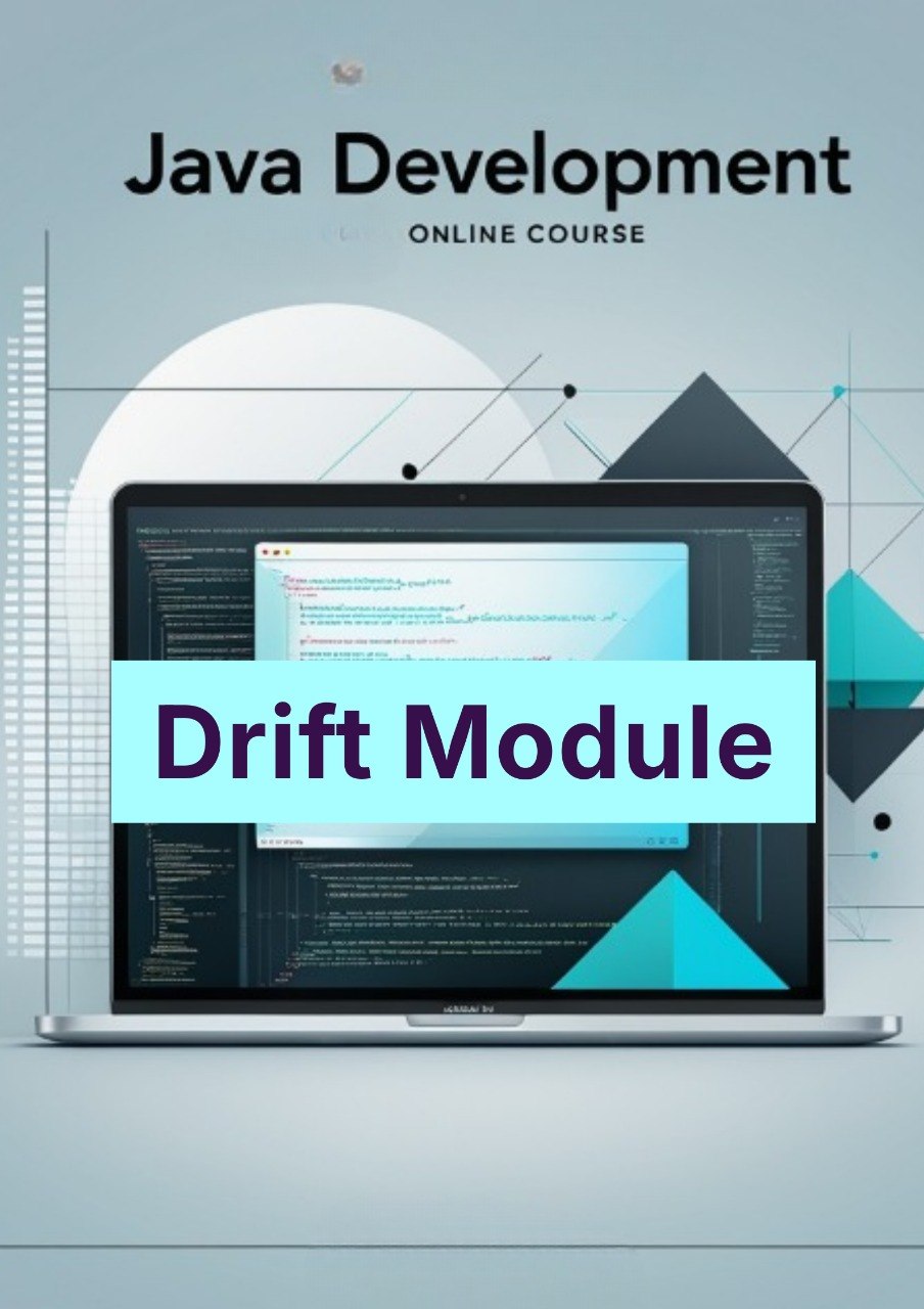 Laptop displaying code with 'Drift Module' text on a blue background, related to Java development online course.