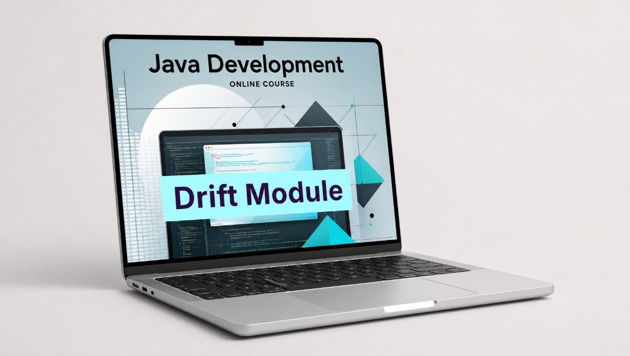 Laptop displaying a Java development online course with 'Drift Module' on the screen.