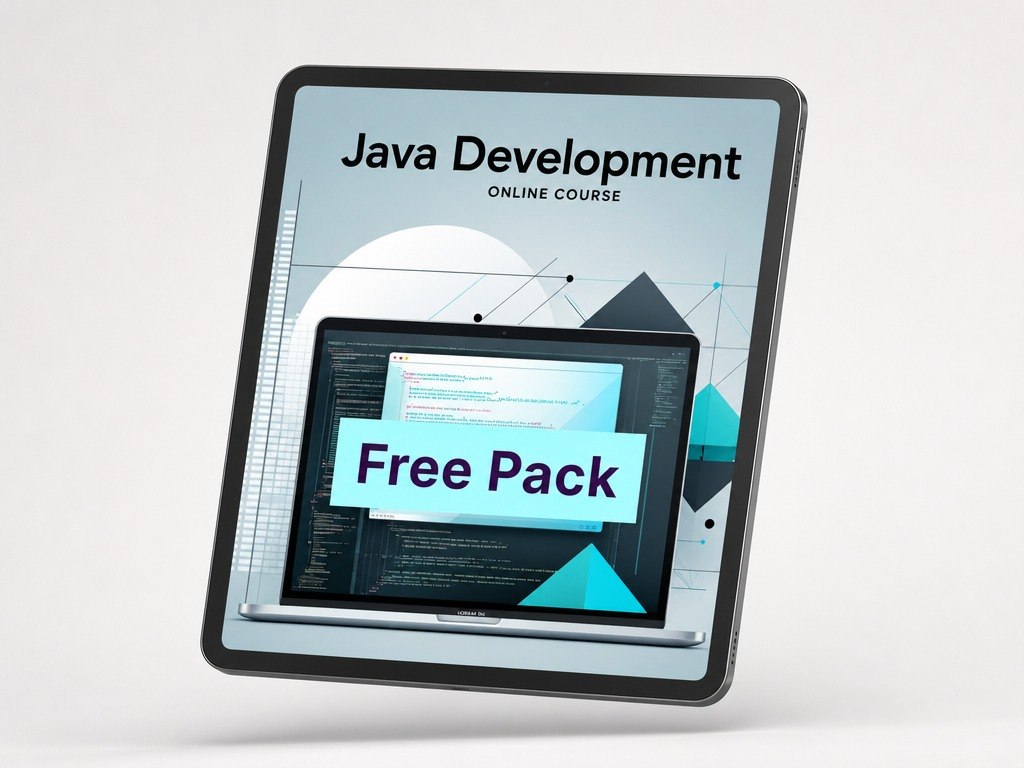Promotional graphic for a Java development online course free pack on a tablet screen.