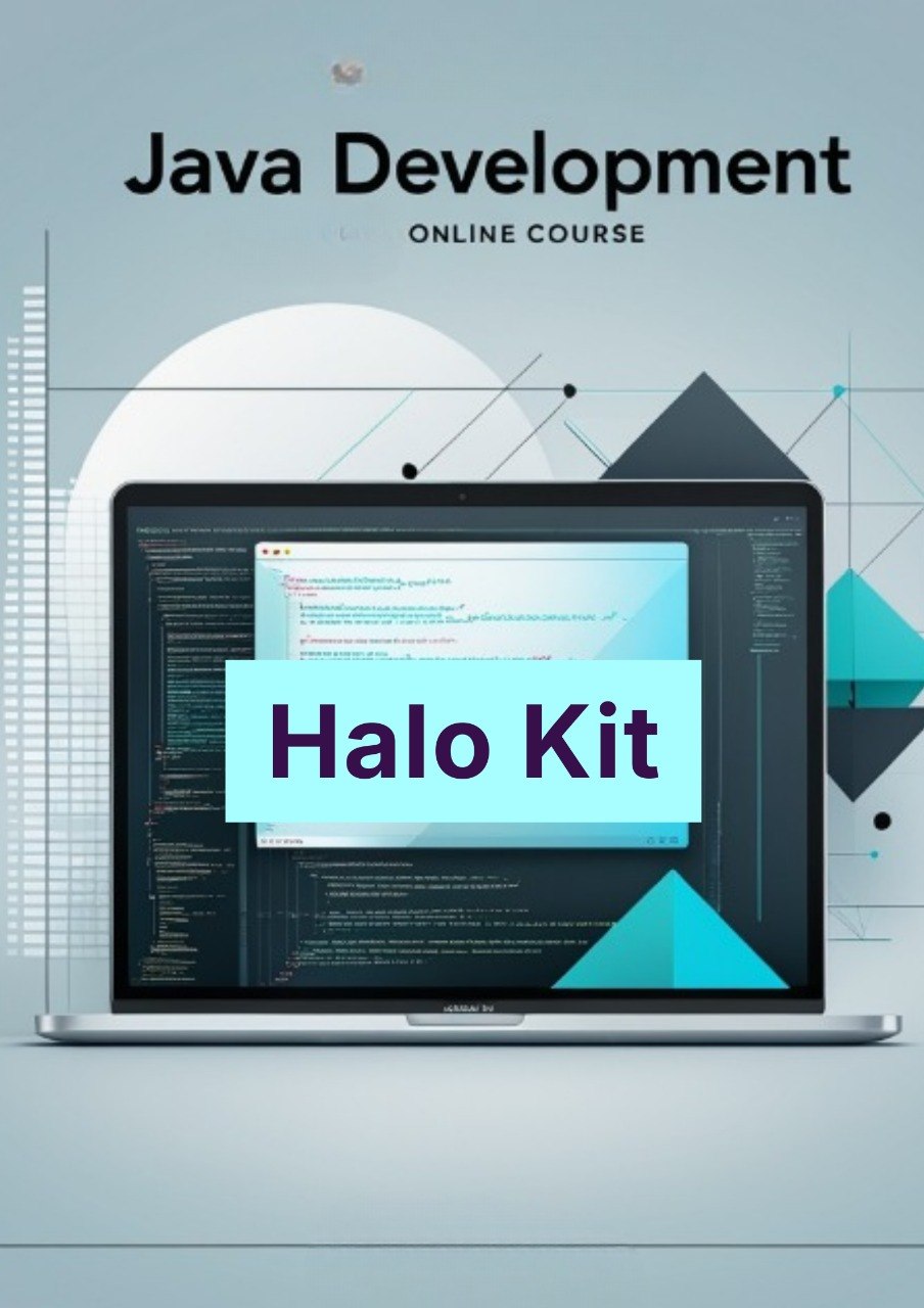 Java Development online course cover with laptop displaying code and 'Halo Kit' text on a light blue background.