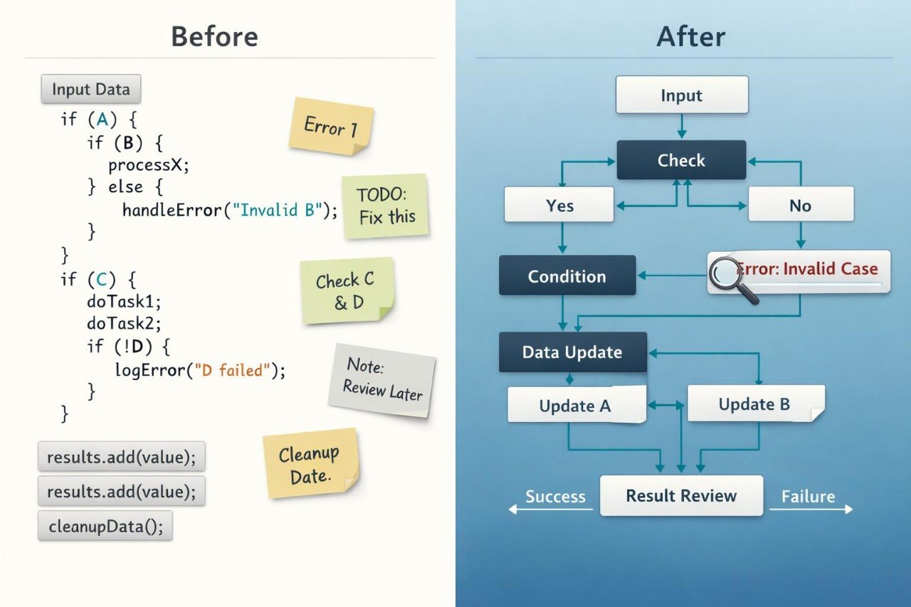 Comparison of code with comments and a flowchart showing error handling and decision-making process.