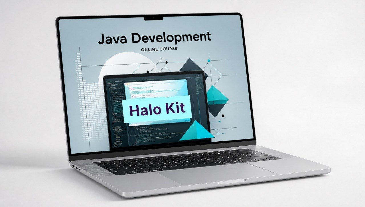 Laptop displaying a Java development online course with 'Halo Kit' on the screen.