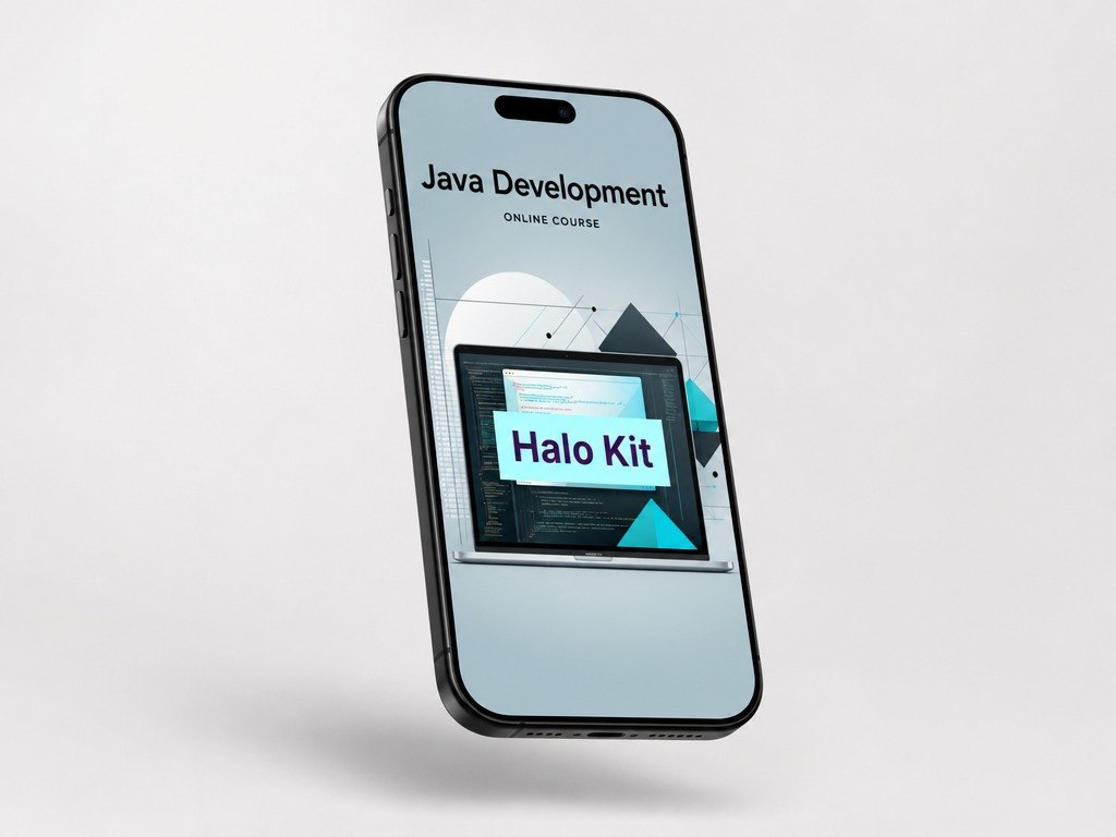 Phone displaying 'Java Development Online Course' and 'Halo Kit' on a light gray background
