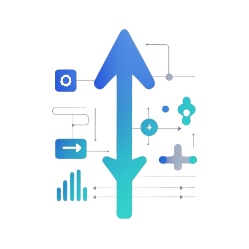 Gradient blue and green arrow with various icons on a white background