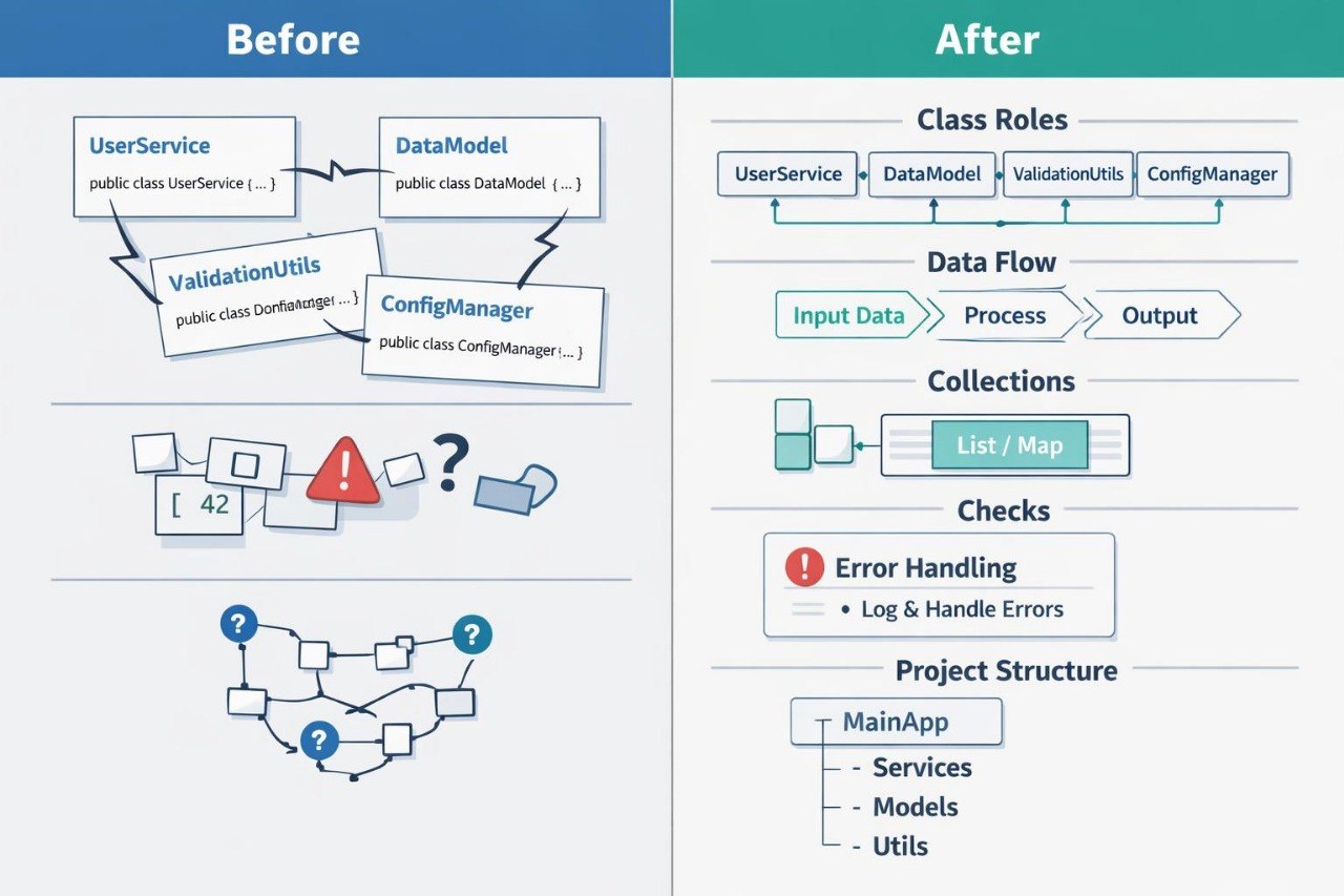 Before and after comparison of software architecture diagrams with text labels.