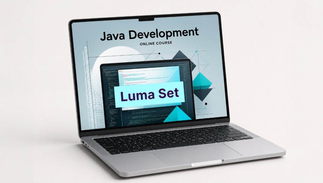 Laptop displaying a Java development online course with 'Luma Set' on the screen.