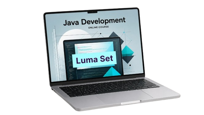 Laptop displaying a Java development online course with 'Luma Set' on the screen.