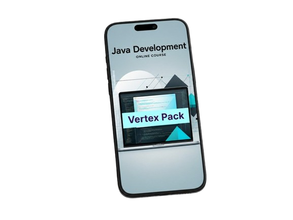 Phone displaying 'Java Development Online Course' with 'Vertex Pack' on a white background
