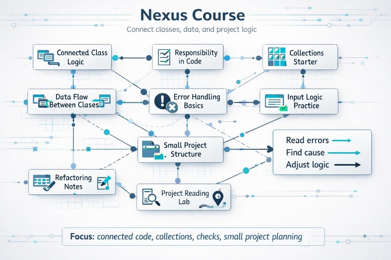 Diagram of a Nexus Course structure with various components and connections.