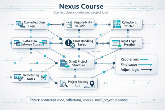 Diagram of a Nexus Course structure with various components and connections.