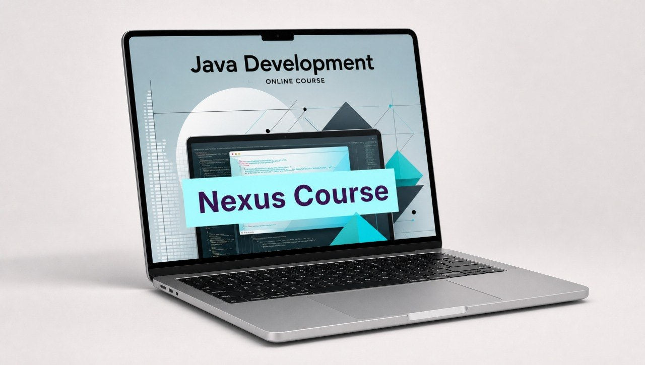 Laptop displaying a Java development online course with 'Nexus Course' text on a light gray background