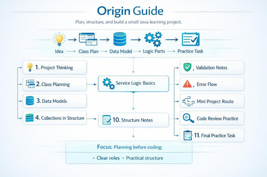Flowchart titled 'Origin Guide' for planning a small Java learning project with steps and icons.