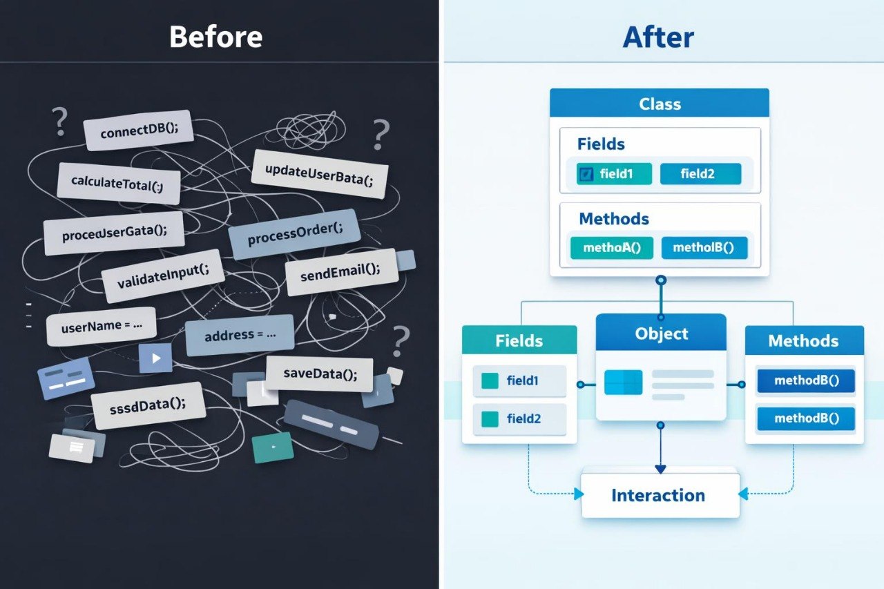 Comparison of code snippets on a dark background with a diagram of class structure on a light background.