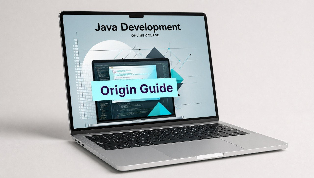 Laptop displaying a Java development online course with 'Origin Guide' on the screen.