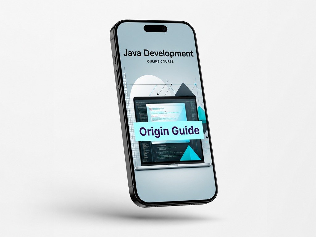 Phone displaying 'Java Development' online course with 'Origin Guide' on a light gray background