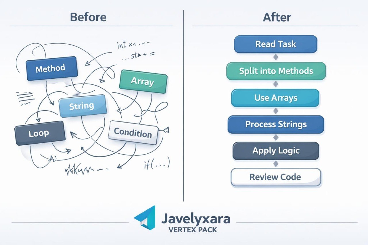 Comparison chart showing code structure before and after refactoring with Javellyxara Vertex Pack.