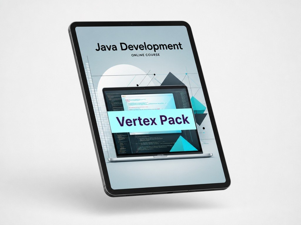 Tablet displaying a Java development online course with 'Vertex Pack' on a light gray background