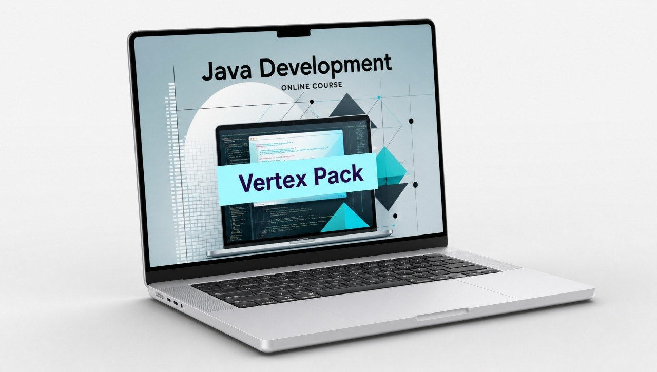 Laptop displaying a Java development online course with 'Vertex Pack' on the screen.