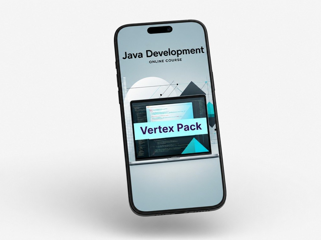 Phone displaying 'Java Development Online Course' with 'Vertex Pack' on a light gray background